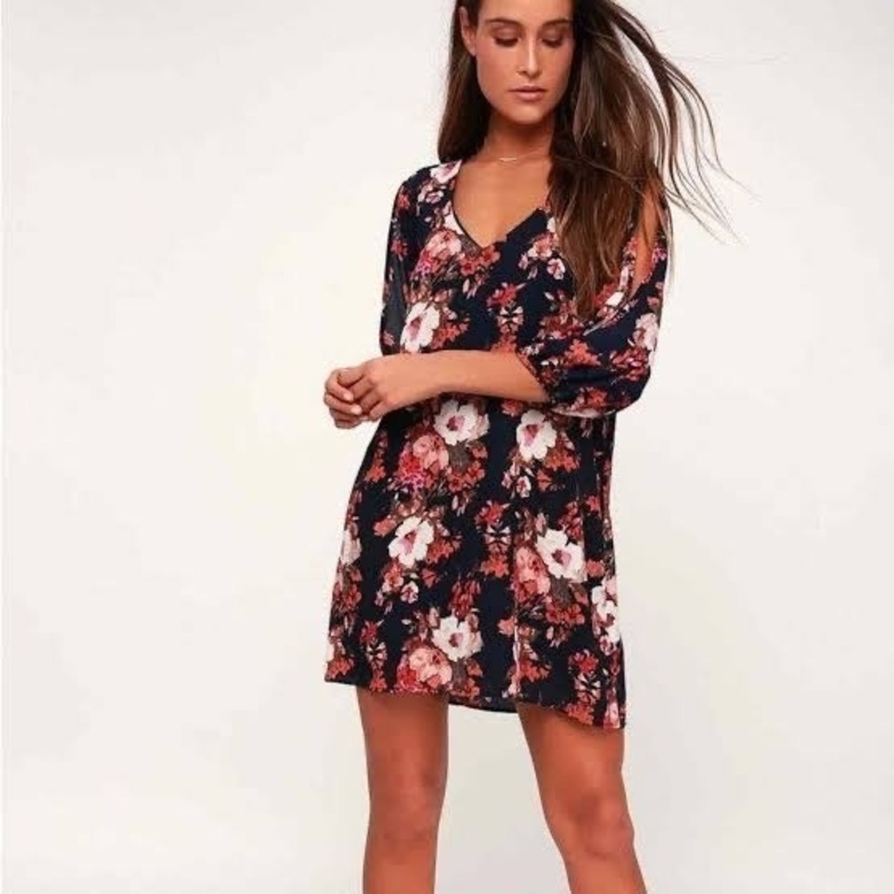 Lulus Shifting Dears Navy Blue Floral Print Split Sleeve Mini Shift Dress XS